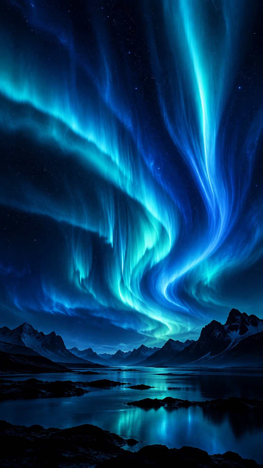 Cyan aurora flowing across a dark mountain landscape
